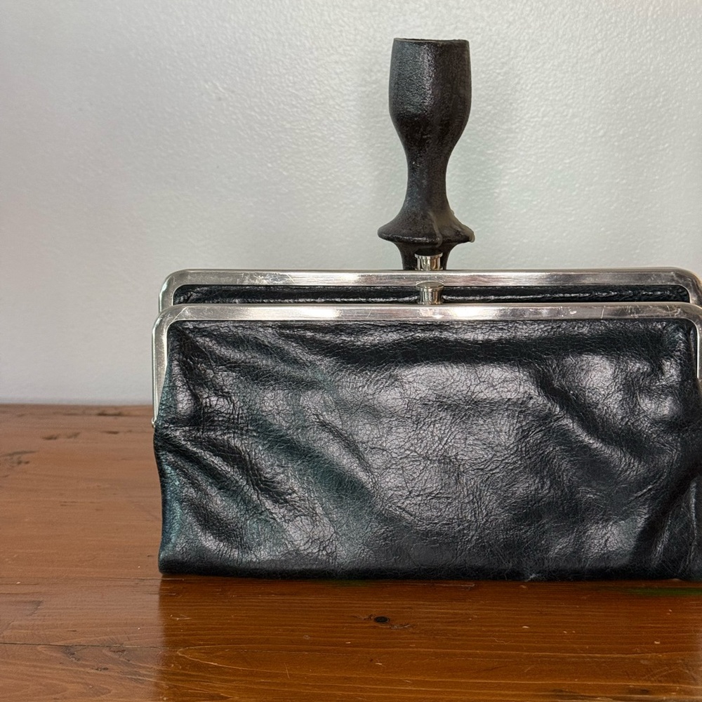 Black Leather Clutch with Silver Frame